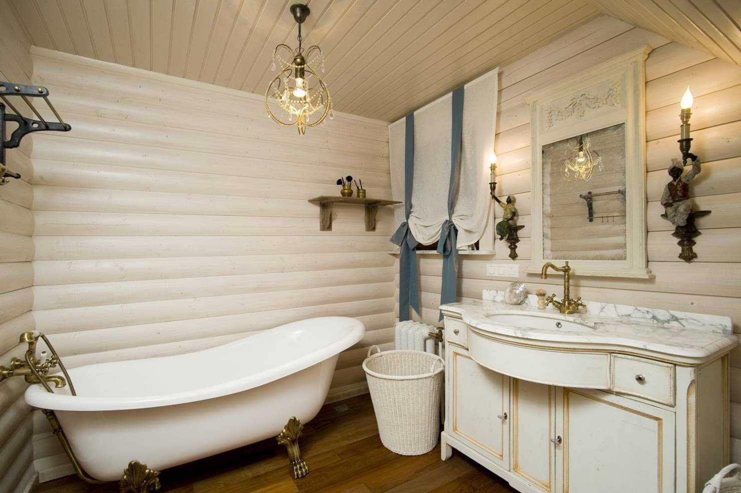 отделка ванной в деревянном доме фото