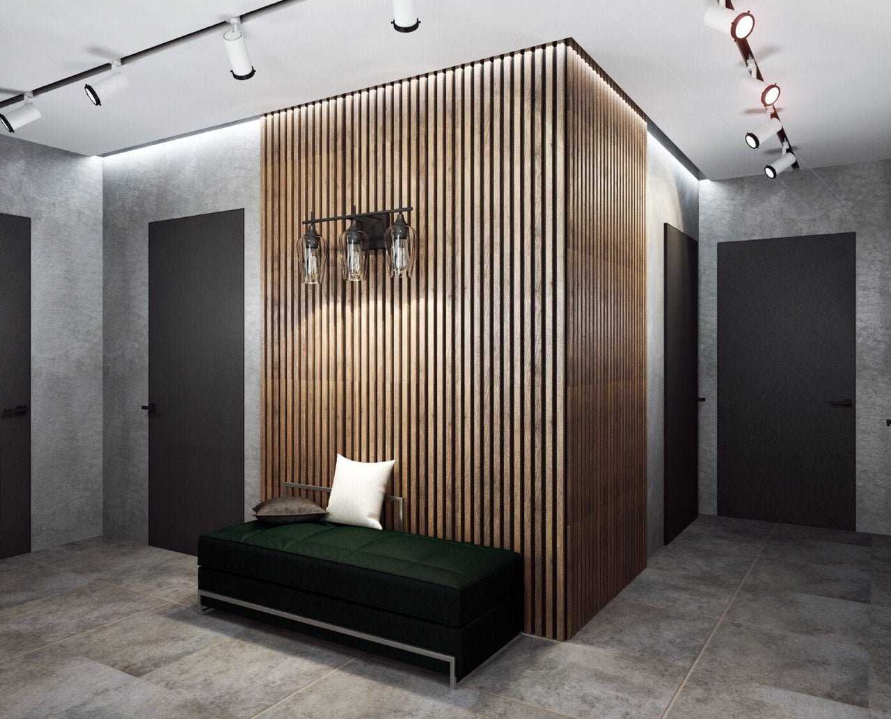 Деревянные рейки в интерьере на стене гостиной, прихожей: как их сделать, отделка и декор
 - 28 фото