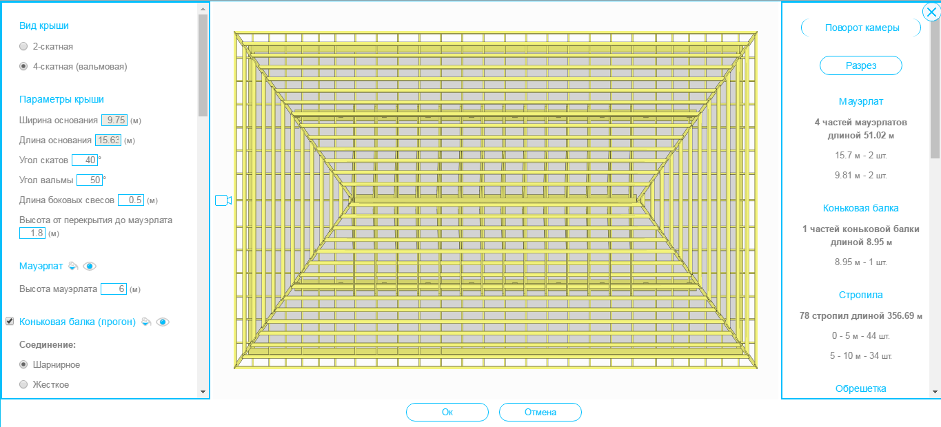 Онлайн калькулятор расчета угла наклона, стропильной системы и обрешетки вальмовой крыши дома